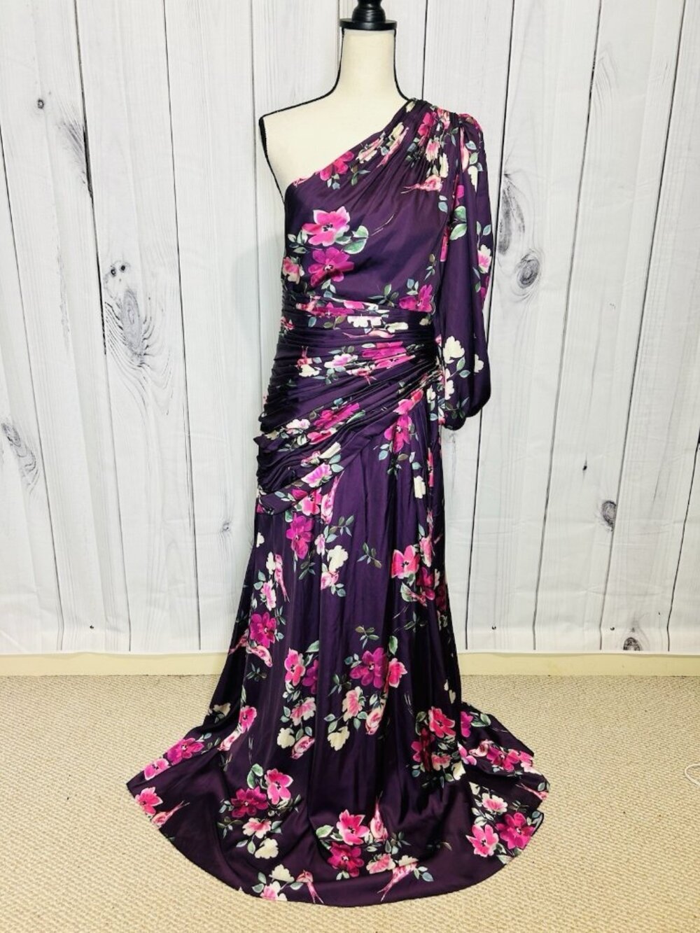 Ieena for Mac Duggal Womens Floral Print Single Sleeve Gown Sz M Plum Floral